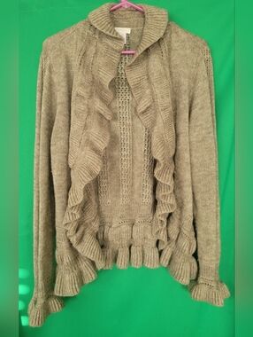 Ruffled Open-Front Knit Sweater Cardigan Wool Mohair Chico's Size 2 Large Women